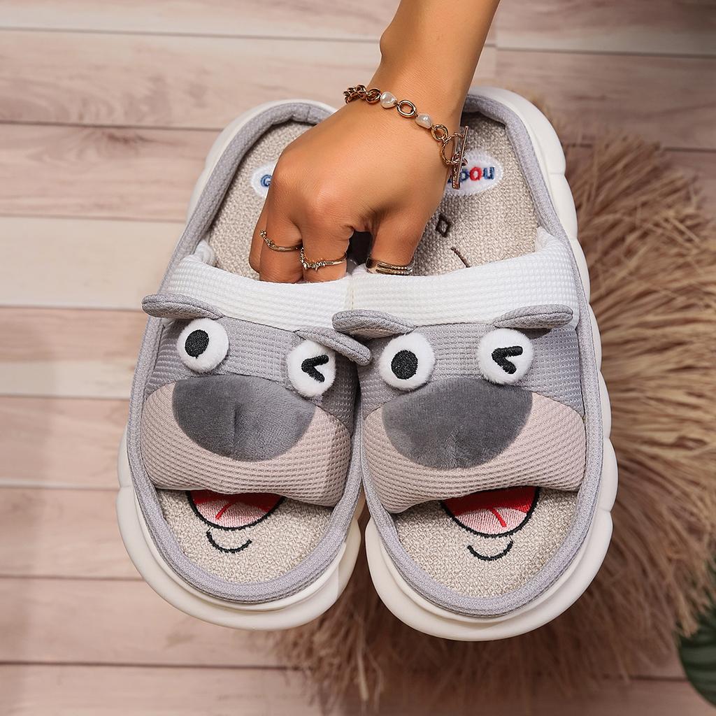 Bear cute linen slippers women's four seasons home indoor comfortable thick bottom spring and autumn cotton and linen sandals summer