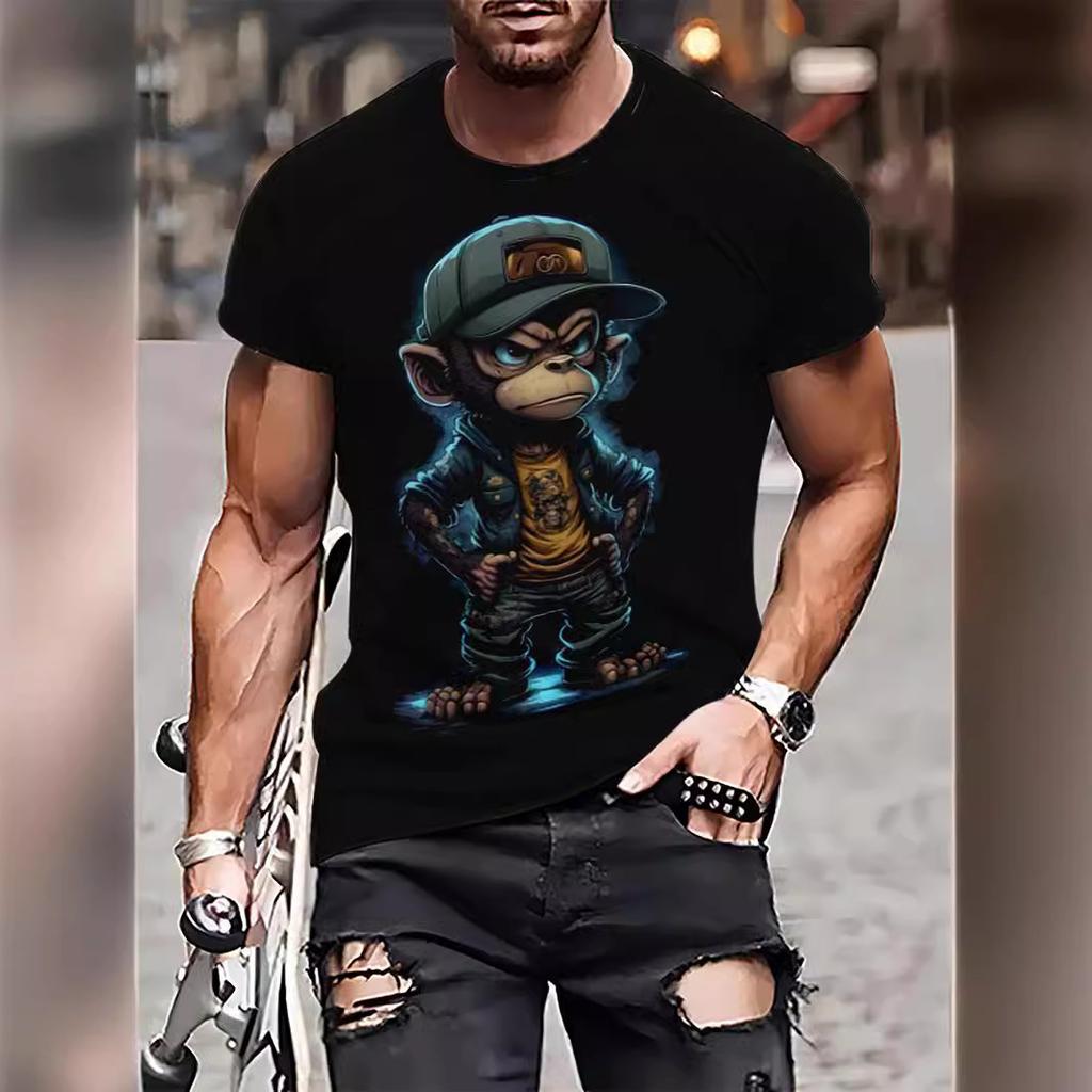 Summer Round Neck 3D Monkey Print Top Fashionable Casual Short Sleeved Men's T-shirts