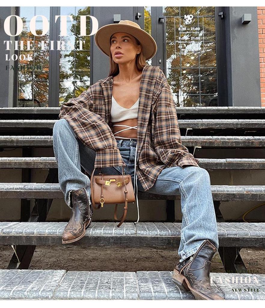 2024 A/W Women's American Retro Plaid Polo Collar Loose Shirt