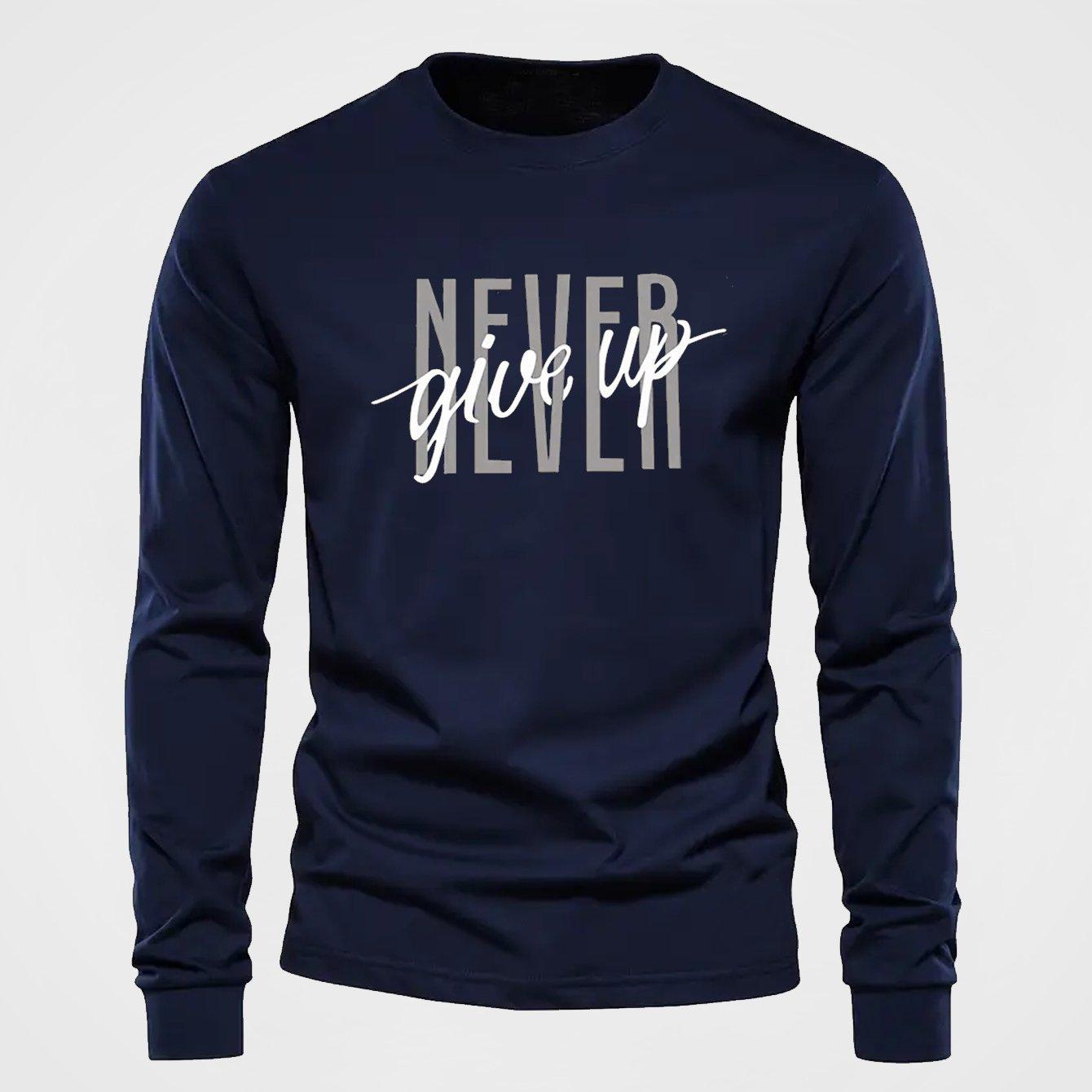 

Мужские футболки с длинным рукавом с 3D-принтом мотивационного слогана «Никогда не сдавайся» - Полиэстер средней эластичности, одежда для весны и осени, свободного кроя 5XL темно-синий