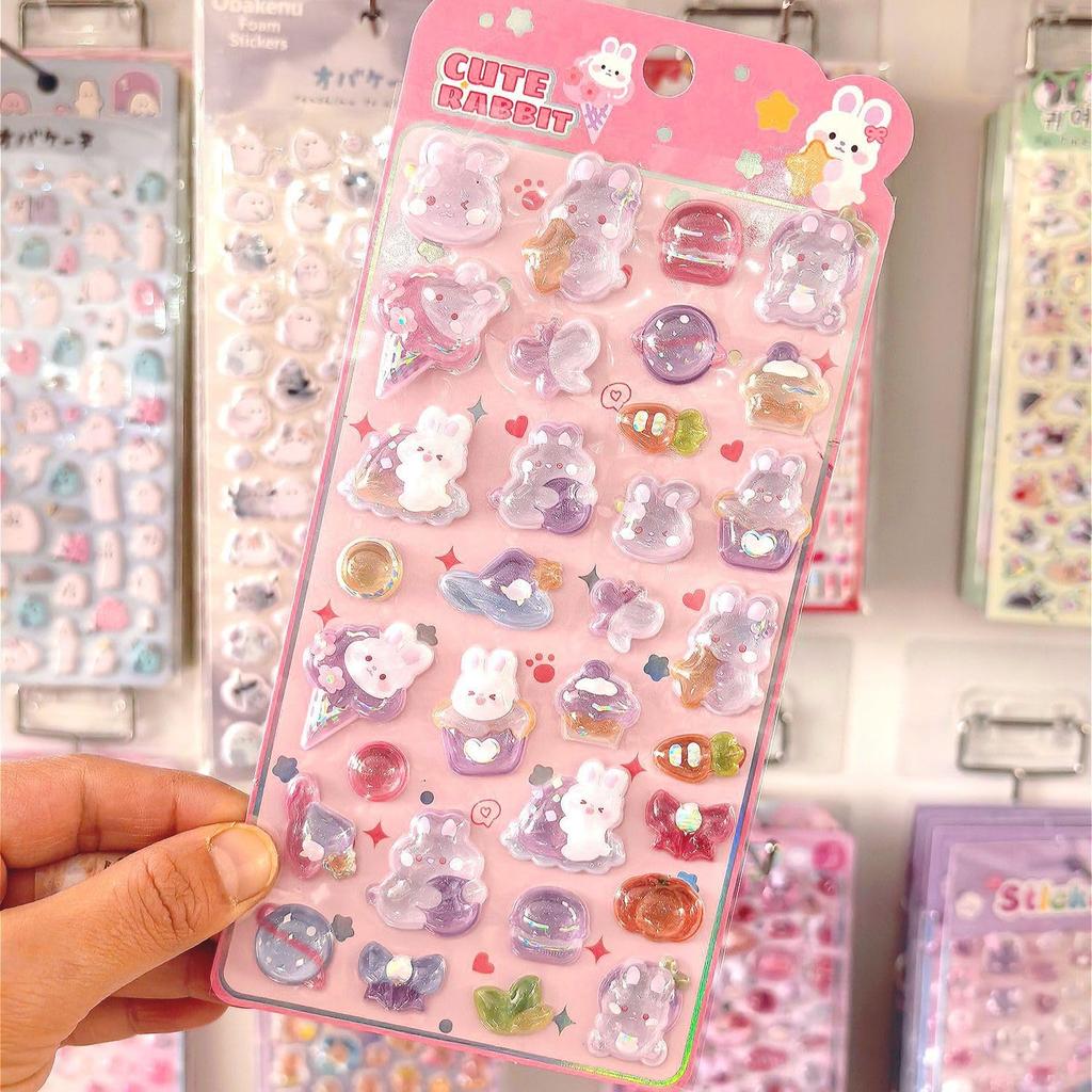 Puffy Heisei Retro Strawberry 3D Stickers, Shiny, Stickers, Style, Drop, Puffy, Pom-Pom Stickers, Cute, Transparent, Rabbit, Candy, Star, Moon,