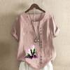 Women's Fashion Round Neck Short Sleeve T-shirt Casual Cotton Linen Graphic Shirt Leisure Loose Flowers Prined Summer Blouse Tops