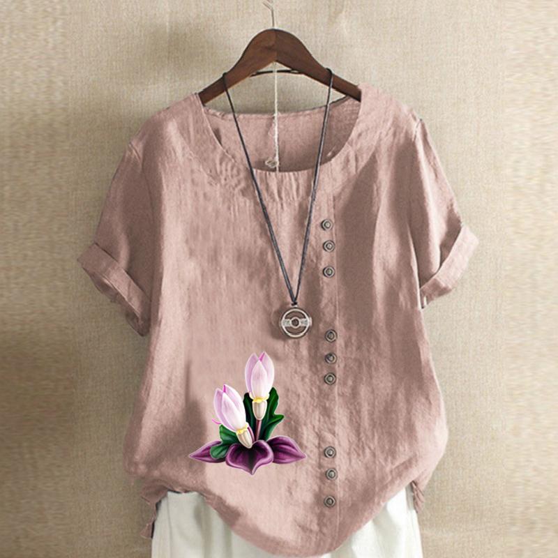 Women's Fashion Round Neck Short Sleeve T-shirt Casual Cotton Linen Graphic Shirt Leisure Loose Flowers Prined Summer Blouse Tops