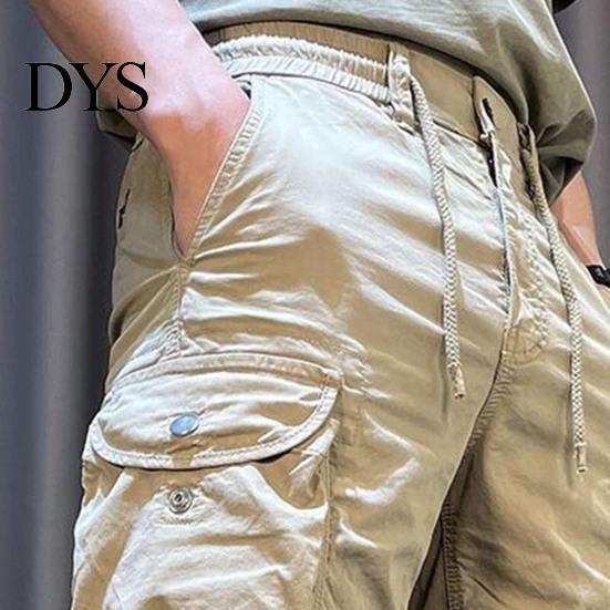 Men Cargo Shorts Elastic Waist Adjustable Drawstring Casual Straight Leg Beach with Reinforced Pockets Solid Color