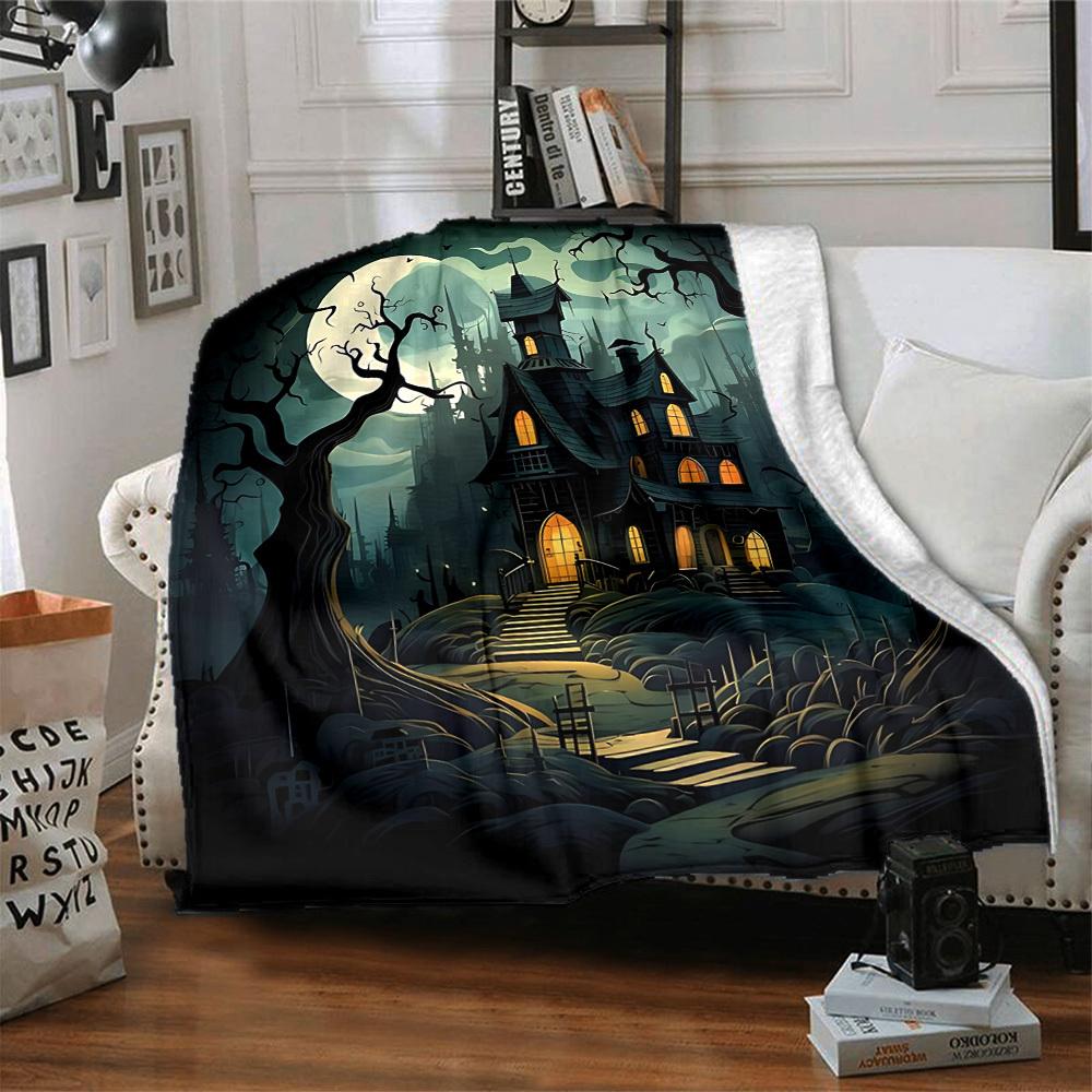 1pc Haunted House Moonlit Night Blanket, Lightweight Flannel Throw Blanket for Sofa, Bed, Travel, Camping, Living Room, Office, Couch, Chair, and Bed