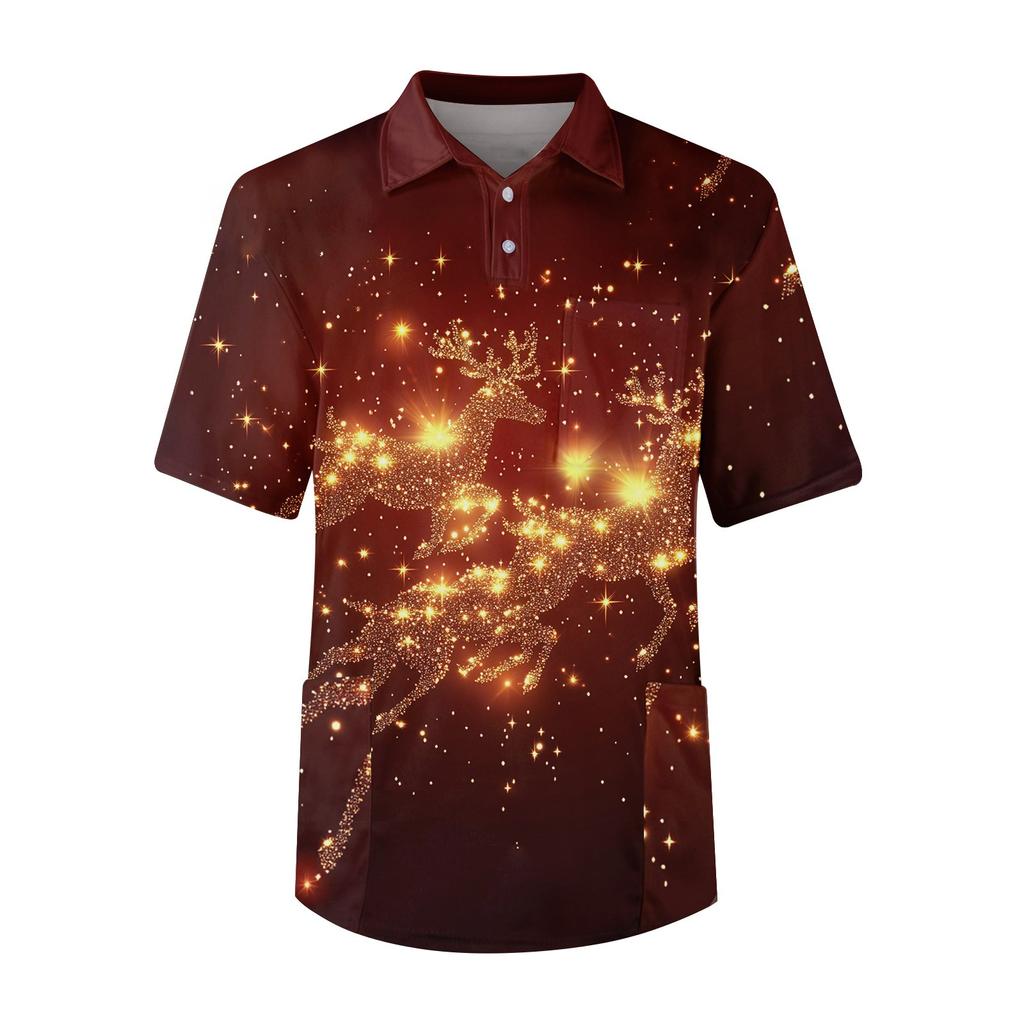 Top de hombre de manga corta con solapa abotonada, color sólido, bolsillo en el pecho, estilo nodriza