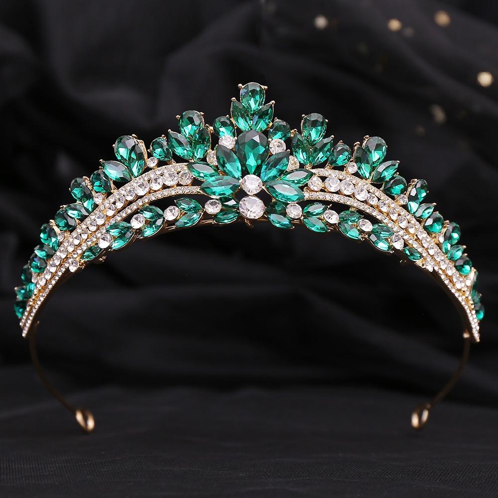 Korean Opal Crystal Bridal Crown TealGreen Princess Tiara Set Luxury Wedding Party Hair Zircon for Queen Style Brides Crown