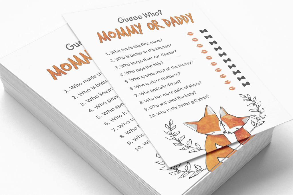 Inkdotpot Mommy Or Daddy Who Said it Game Gender Neutral Fox Animals Set of 50 Fun Baby Shower Game Party Supply
