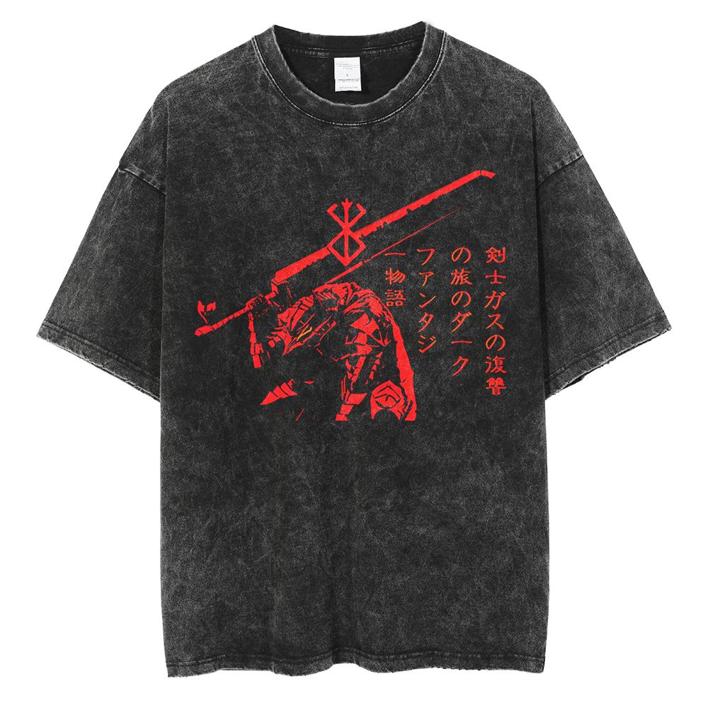 Vintage Washed Berserk TShirt for Men Women Retro Anime Skull Graphic Tees Oversized Streetwear Cotton Short Sleeve T Shirts
