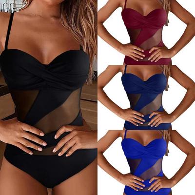 2025 Mesh Solid Swimsuit One Piece Sexy Strape Swimwear Women Backless Bathing Suit Female Tie Back Swimming Summer Beachwear