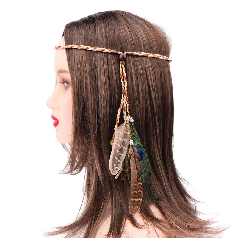 

Ретро Бохо Повязка на голову с перьями павлина и плетеным шнуром, женский головной убор, головной убор с перьями, индийский головной убор, аксессуары для волос, подарок хаки