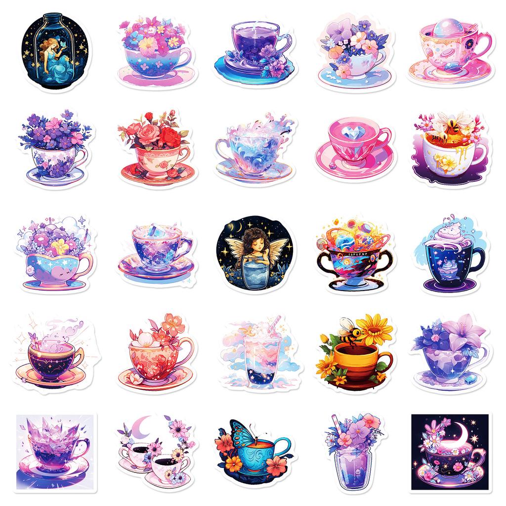 50PCS Dreamy Purple Tea Cup Stickers, Fantasy World Graffiti Decals for DIY Decoration & Journal