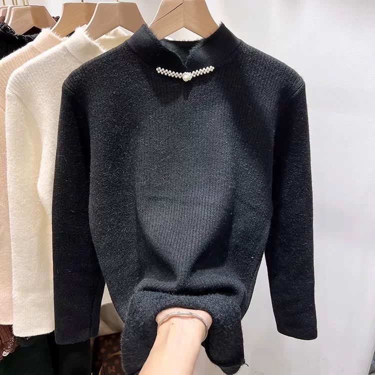 Retro Buckle Chinese Style One-piece Velvet Knitted Sweater for Women Half High Collar Thickened Warm Pullover Casual Velvet Sweater Autumn Winter
