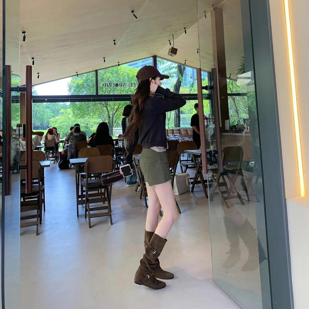 [Factory Spot~~] Retro Pile Western Cowboy Boots Round Head Buckle Soft Folds Skinny Medium Boots Women