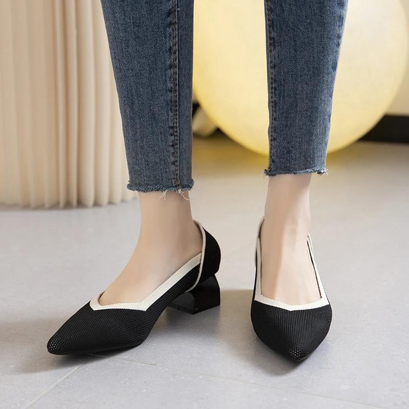 

Осенние женские туфли на высоком каблуке, модные вязаные дышащие рабочие туфли с острым носком, удобные нескользящие женские туфли на резиновой подошве 34