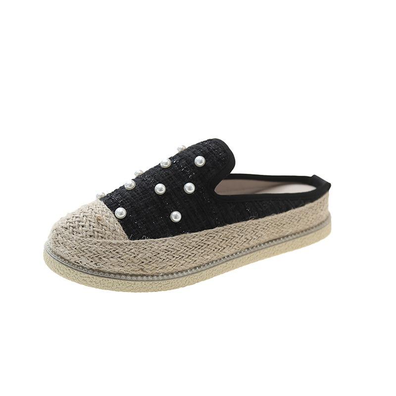 Straw Fisherman Half Slippers Women Wear Without Heel New Fashion Rhinestone Lace Bag Head Half Slippers Women