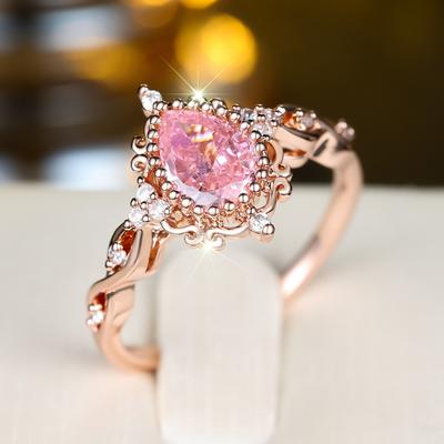Exquisite Princess Pink Waterdrop Zircon Rings for Ladies Luxury Rose Gold Color Wedding Party Finger Ring Jewelry Gift