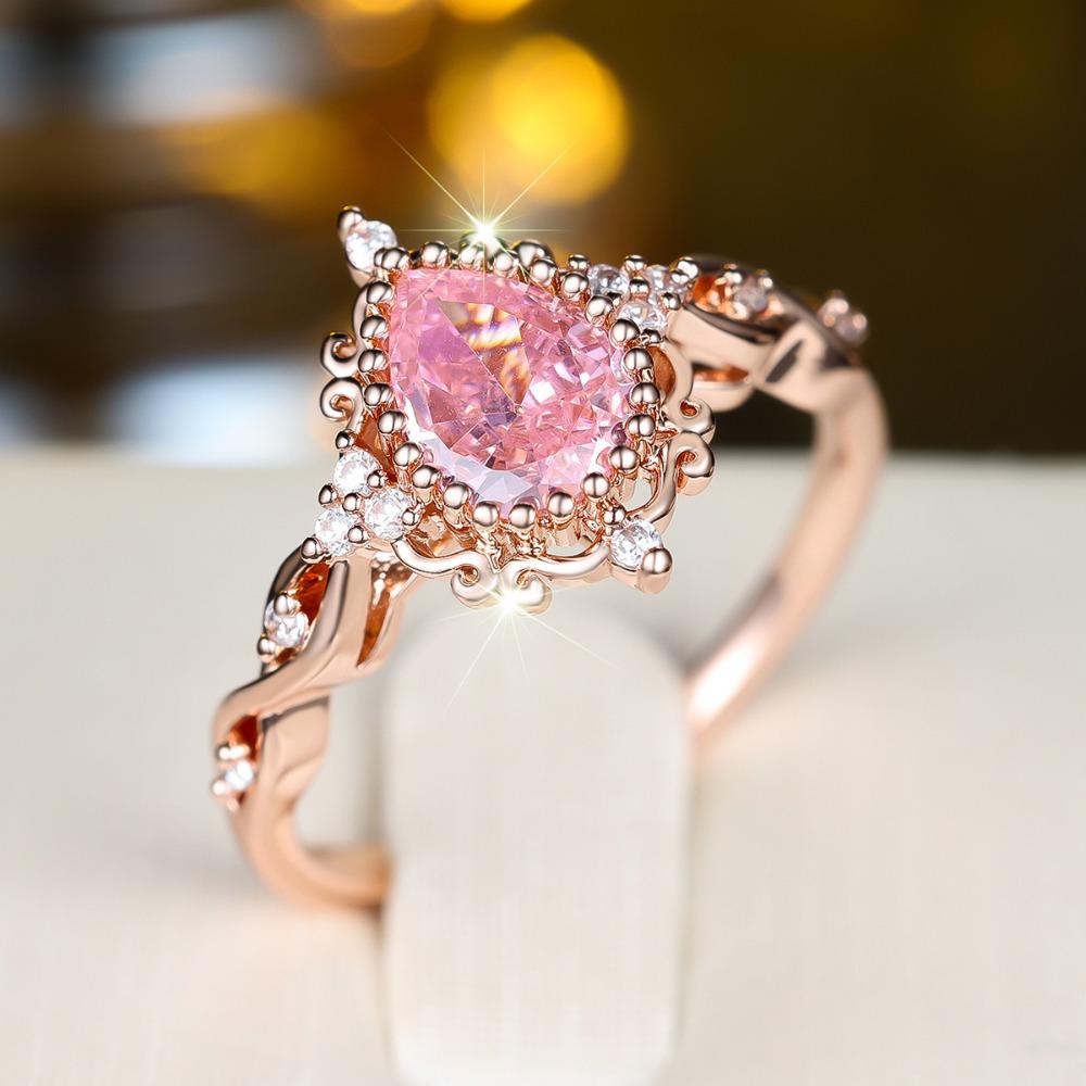 Exquisite Prinzessin Rosa Wassertropfen Zirkon Ringe für Damen Luxus Roségold Farbe Hochzeitsparty Fingerring Schmuck Geschenk