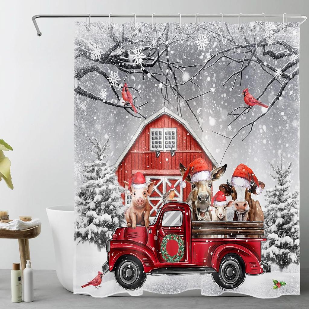 Winter Christmas Shower Curtain with Hooks, Cute Snowman in Snowy Forest Shower Curtain for Bathroom Decor Pine Tree Covered