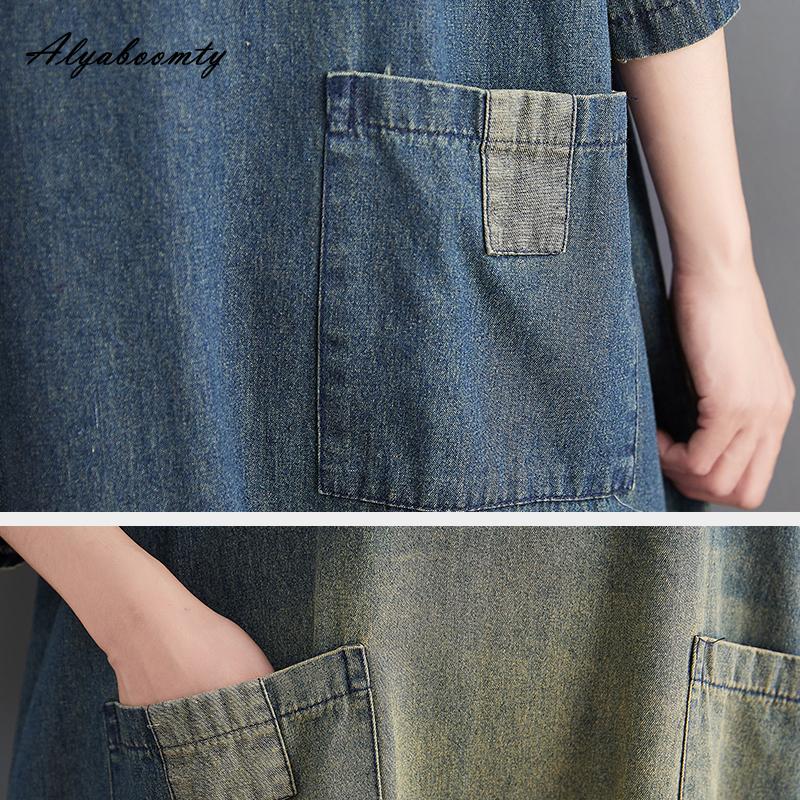 Plus Größe Frühling Sommer Frauen Denim Midi Kleid O Neck Patchwork Übergroßen Taschen Kleid Halbe Hülse Vintage Lose Kleid