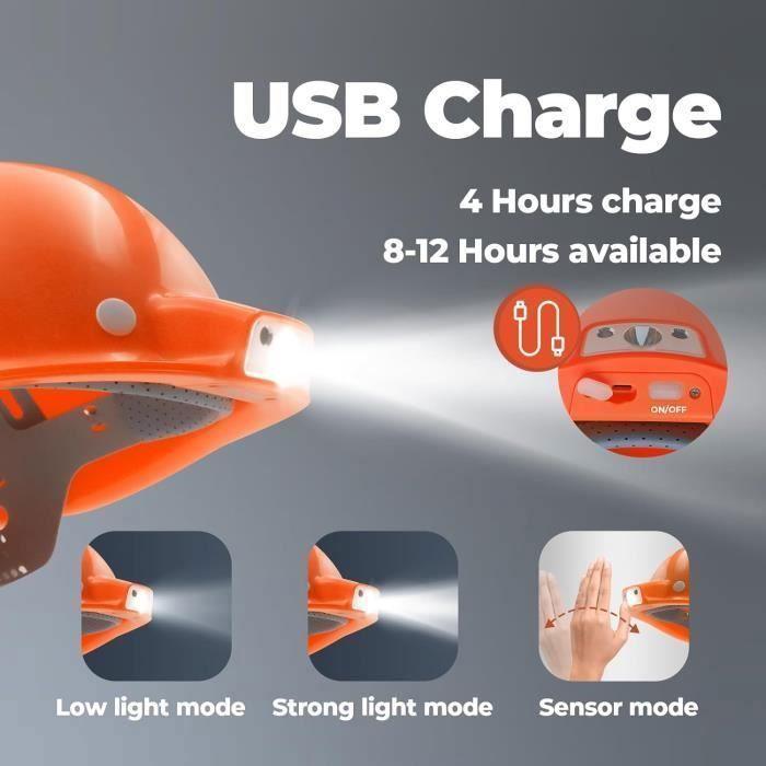 Mustbau casque de chantier en397 - éclairage led - usb rechargeable - 2 modes d’ éclairage - orange
