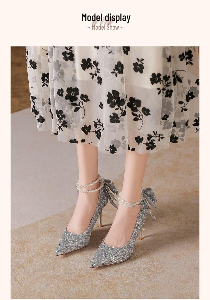 New Black Crystal Sequin Pearl Bow High Heels Wedding Shoes