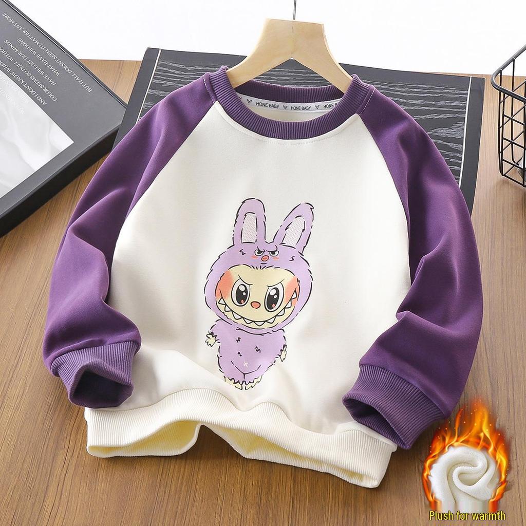 Children's Warm Cotton Sweatshirt - Autumn/Winter, Plus Velvet, Cartoon Long-Sleeve Top for Boys and Girls