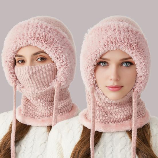 3 In 1 Knitted Hat Women Soft Plush Winter Scarf with Face Guard Adjustable Straps Windproof Hooded Design Scarf