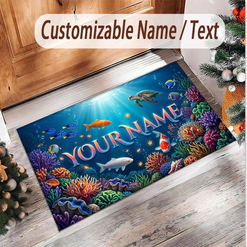 Fish Ocean Theme Soft Crystal Velvet Rug Custom Name & Text Print Non Slip Floor Rug for Bedroom Living Room