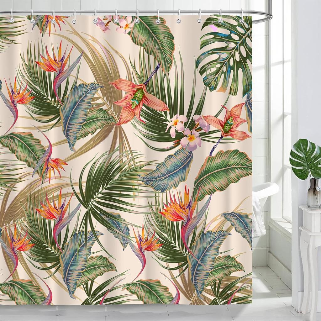 Tropical Floral Palm Leaf Shower Curtain, Colorful Botanical Plant Waterproof Fabric with Hooks for Bathroom