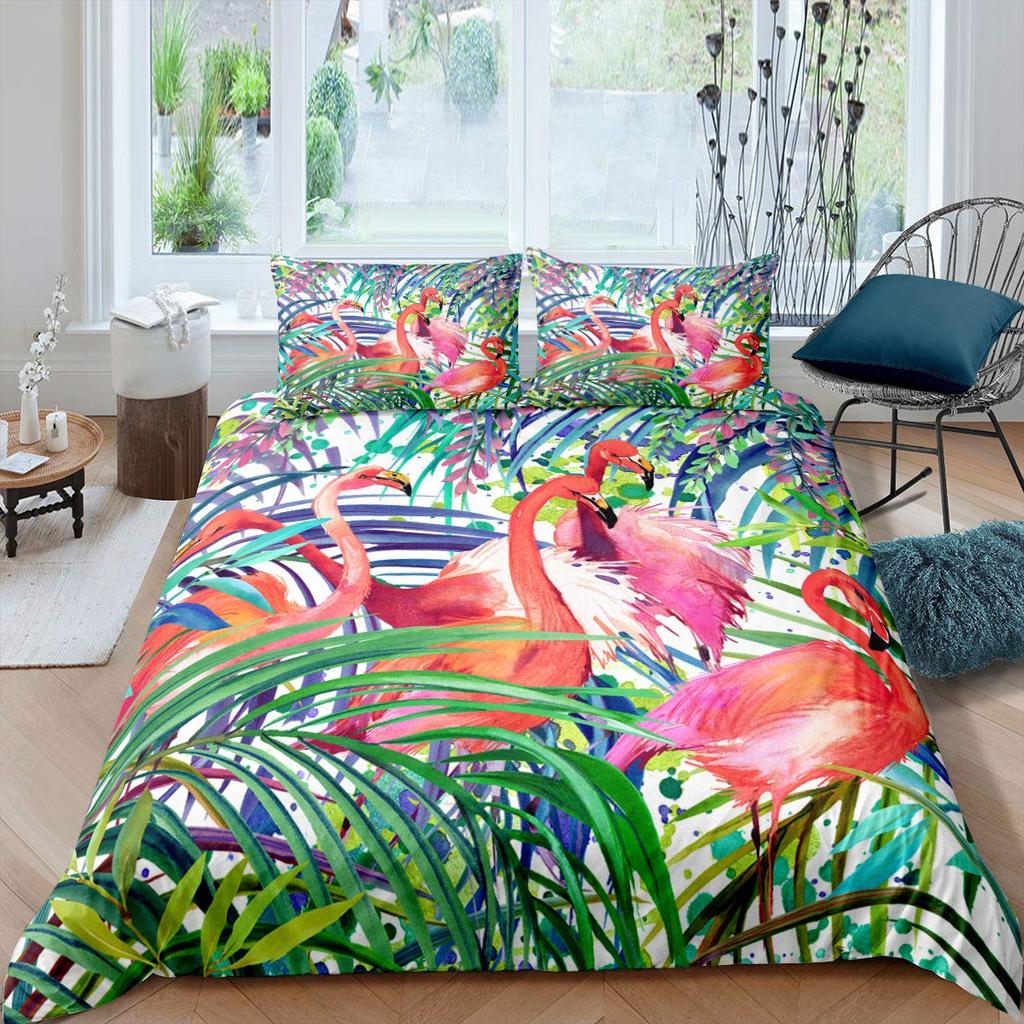 Flamingo Duvet Cover Set Tropical Animal Pattern King Bedding Set Girls Pink Floral Quilt Cover Queen Full Comforter Covers 3Pcs