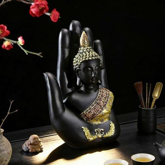 Palm Buddha Statue Meditating Thai Buddha Sitting Figurine Spiritual Sculpture for Home Office Zen Decor