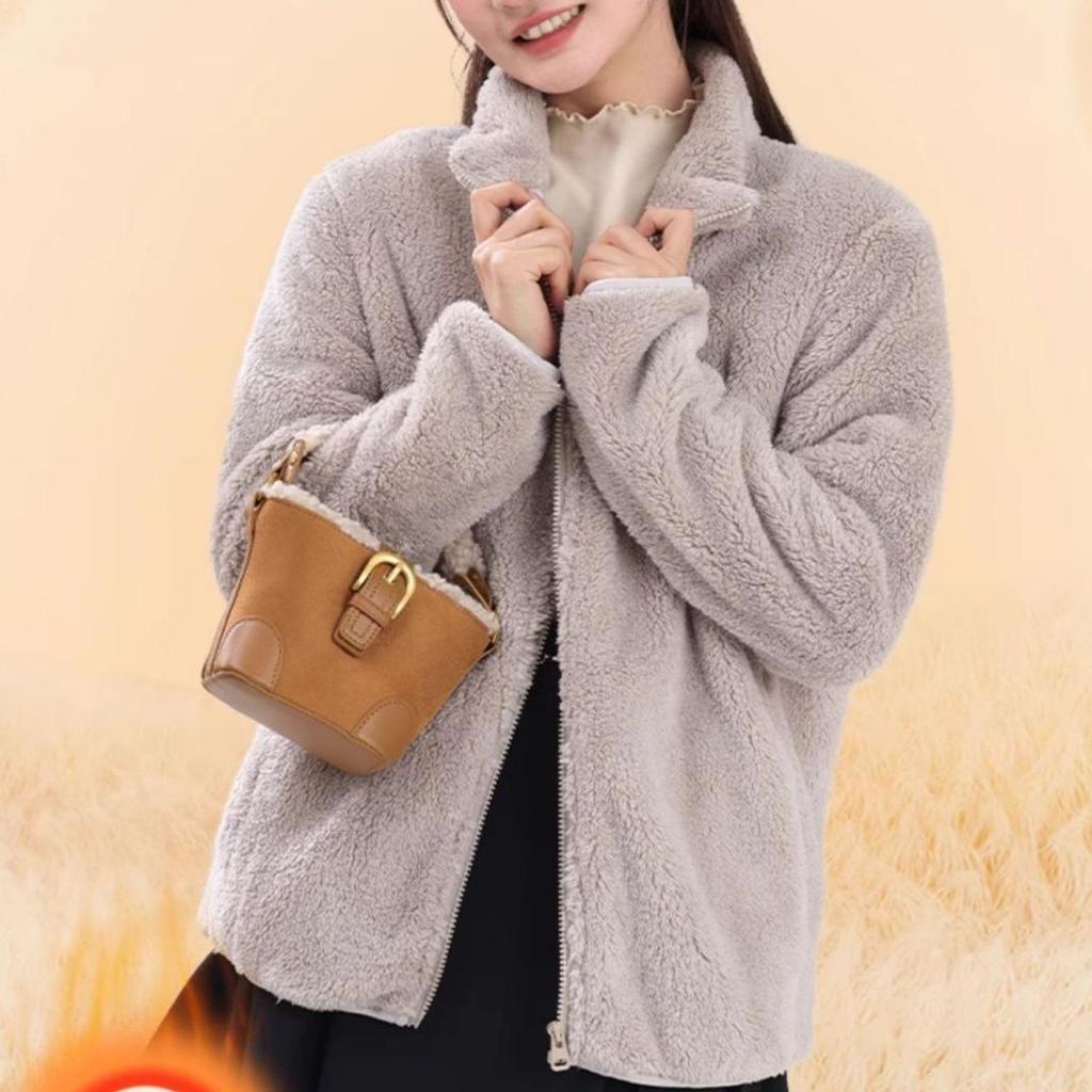 Women's Double-Sided Fleece Jacket - 2024 New Autumn/Winter Gray Stand-Up Collar Coat