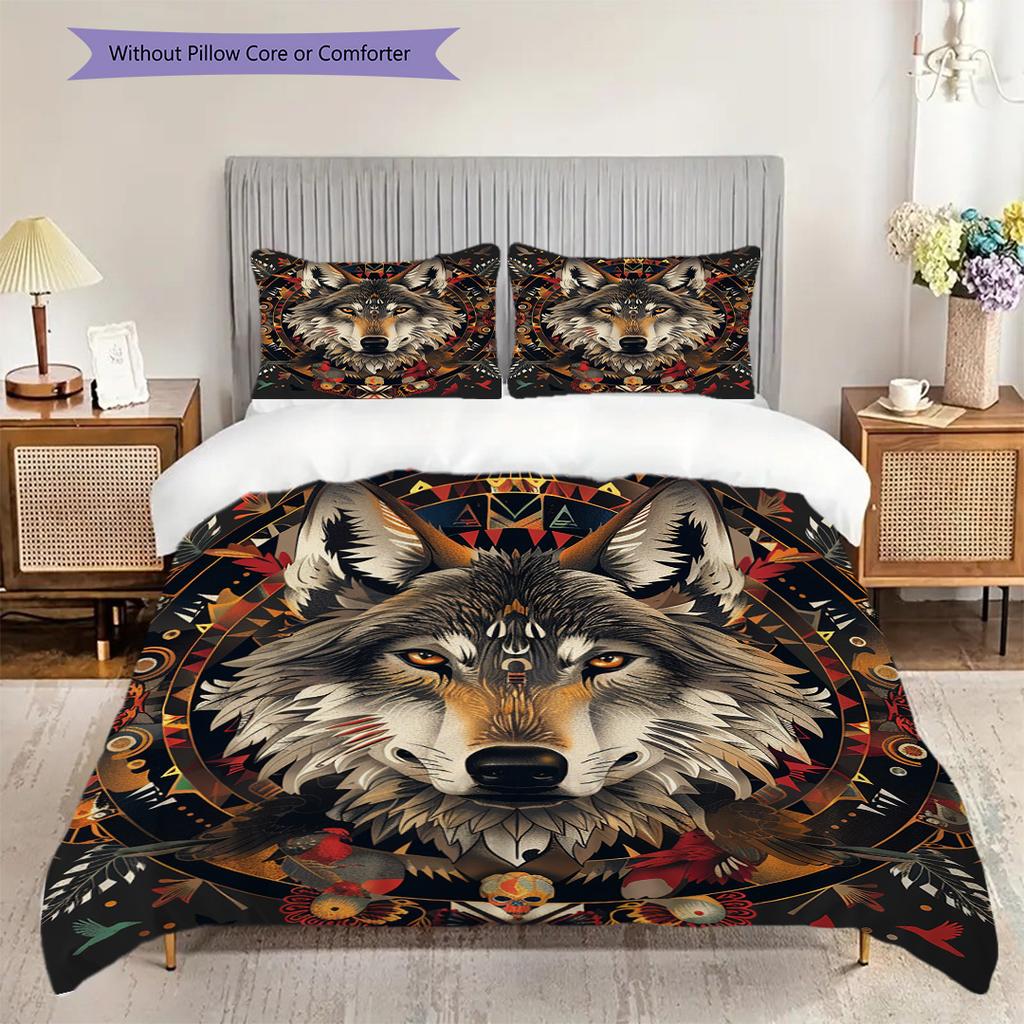 Primitive Wolf Pattern Bedding Quilt Set Quilt Cover Pillowcase Home Decoration Birthday Gift (1 * duvet cover + 2 * pillowcase, without core)