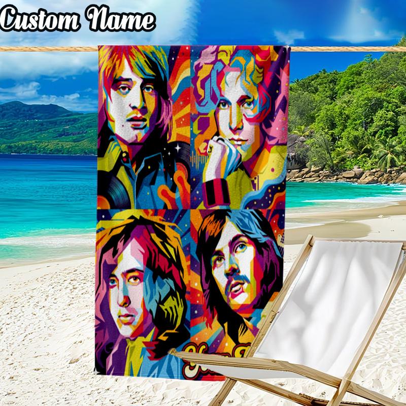 Custom Name Zeppe-lin Music Beach Towel - Soft, Ultra-Absorbent Microfiber, Lightweight, Perfect for Beach, Parties, Travel, Camping