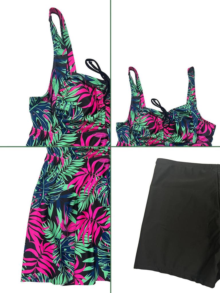 2026 European & American Plus Size Floral Leaf Print Two-Piece Conservative Boyleg Swimsuit for Women