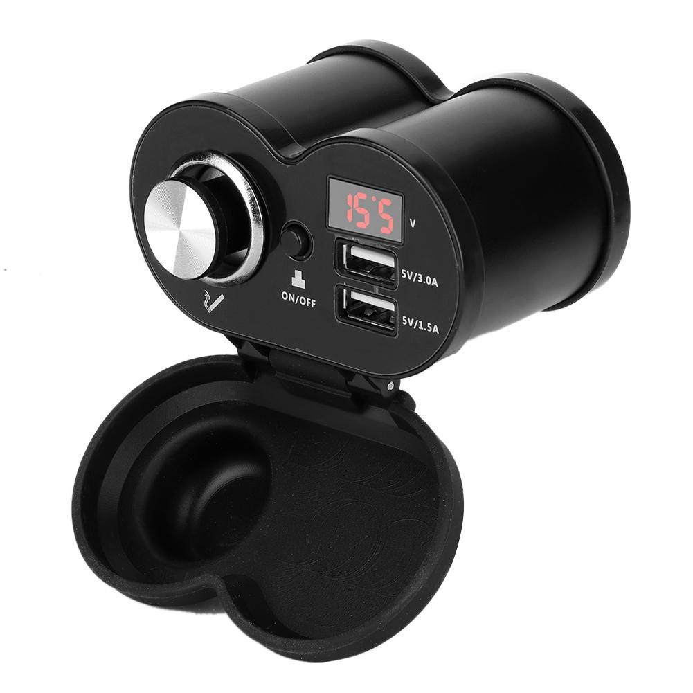 Motorcycle Dual USB MultiFunction Phone Charger with Voltmeter and Cigarette Lighter (Black)