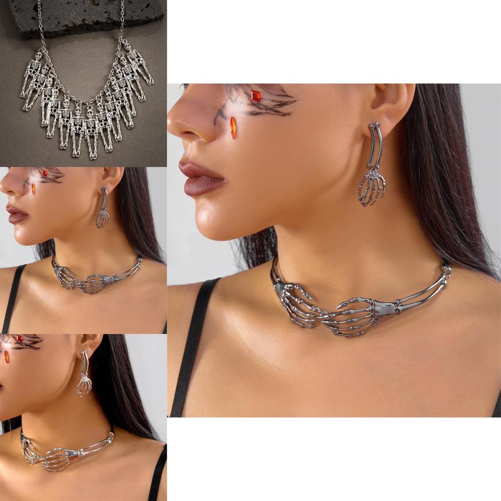 Gothic Skull Necklace Earrings Set With Alloy Pendant For Halloween Costume Accessories