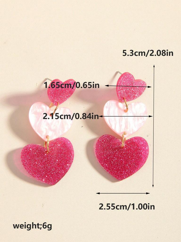 1pair Pink Heart-Shaped Earrings, Women'S Color Blocked Multi-Layer Earring Pendant, Valentine'S Day Acrylic Simple Heart-Shaped Earrings
