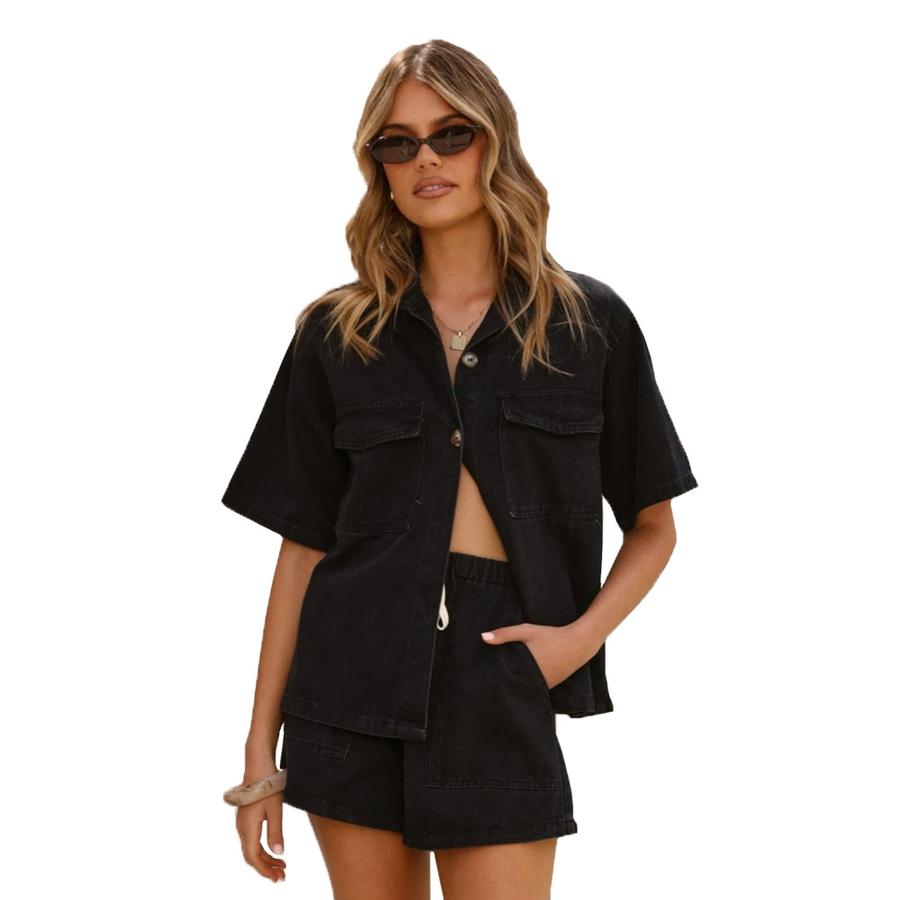Summer Women's Oversized Pocket Short Sleeve Shirt & Shorts Denim Two-Piece Set