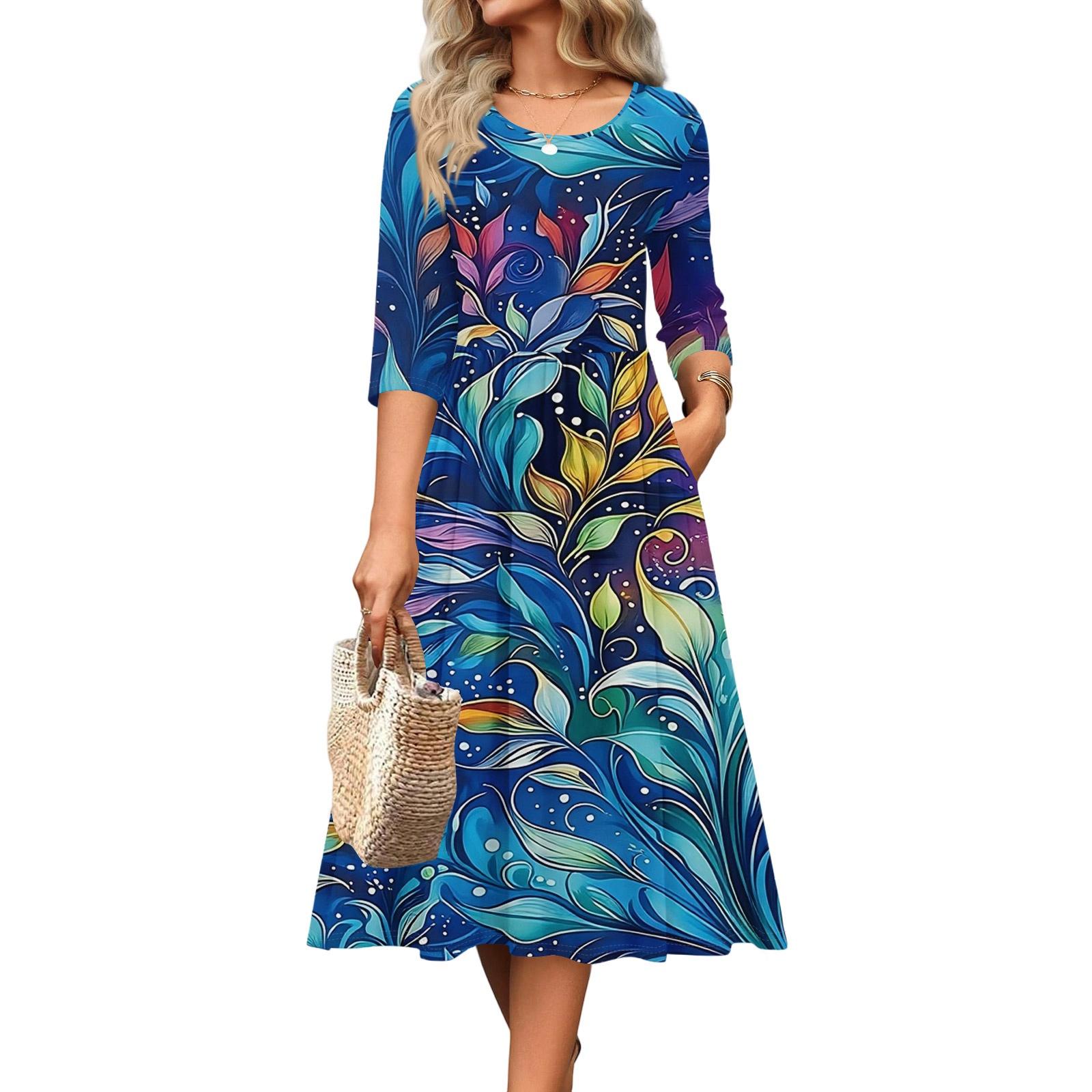 

Женское платье с рукавом 3/4, повседневное, свободное, А-силуэта, миди, футболка, с карманами, с круглым вырезом, для отпуска, в стиле бохо, пляжный сарафан L синий