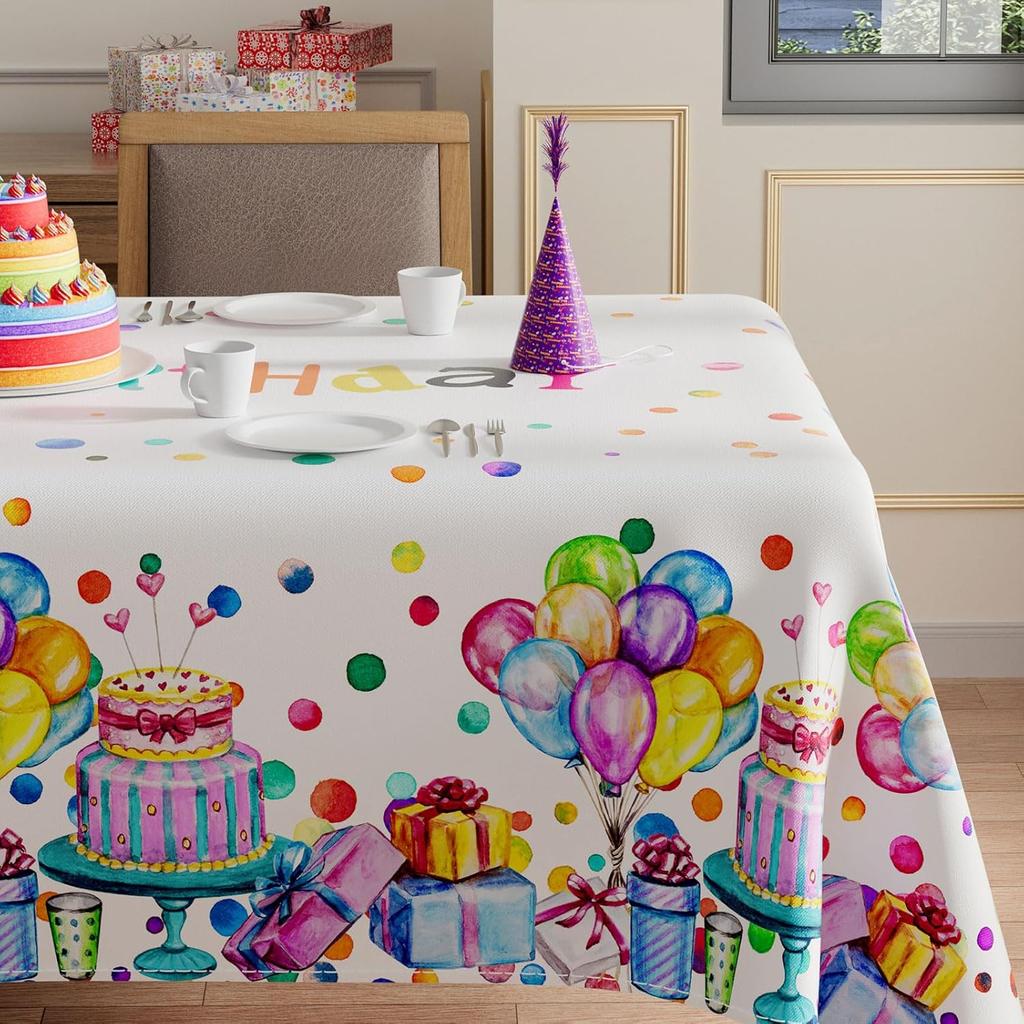 XCHI Happy Birthday Cake Gifts Colorful Balloons White Tablecloth Rectangle Washable Table Covers for Indoor Outdoor Dining Table Home Party