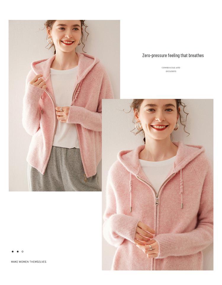 Women's Cashmere Hooded Double Zipper Cardigan - Solid Color, Warm, Stylish Autumn/Winter Jacket
