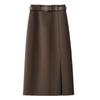 Coffee-colored Retro Wool A-line Midi Skirt, Women's Autumn/Winter 2025, Suit-style with Slit and Hip-hugging Fit
