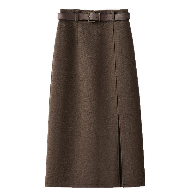 Coffee-colored Retro Wool A-line Midi Skirt, Women's Autumn/Winter 2025, Suit-style with Slit and Hip-hugging Fit