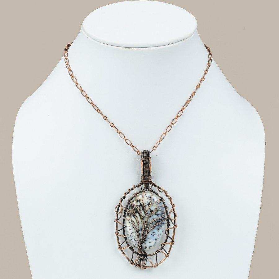 Natural Dendrite Opal Gemstone Handmade Copper Wire Wrap Pendant 3.55" T8o01