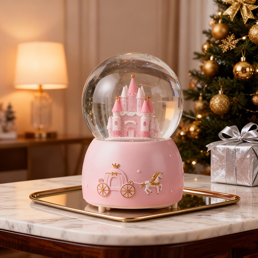 Magical Castle Snow Globe Music Box With LED Light, Rotating Princess Crystal Ball For Girls, Birthday Christmas Gift Home Decor Pink Castle