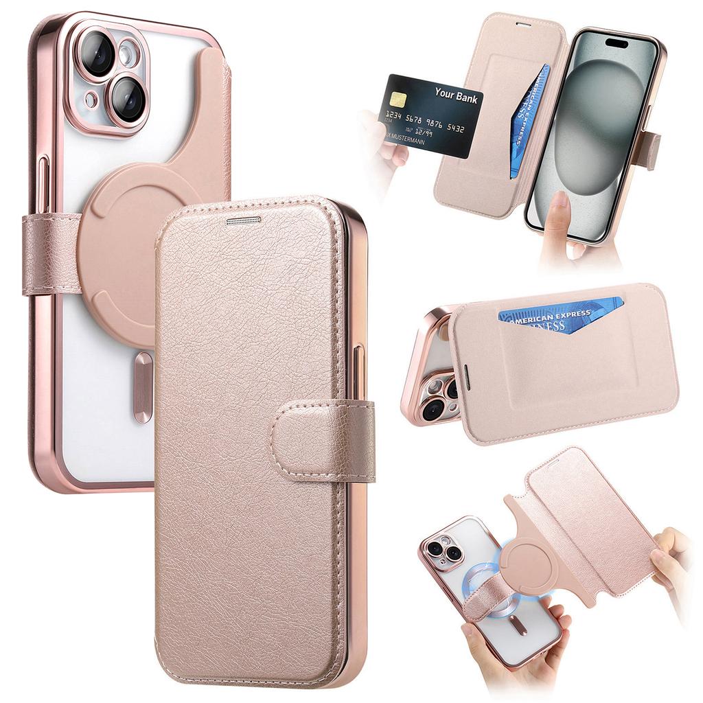 For iPhone 15 Plus Case Compatible with MagSafe Detachable Leather Phone Cover with Lens Film