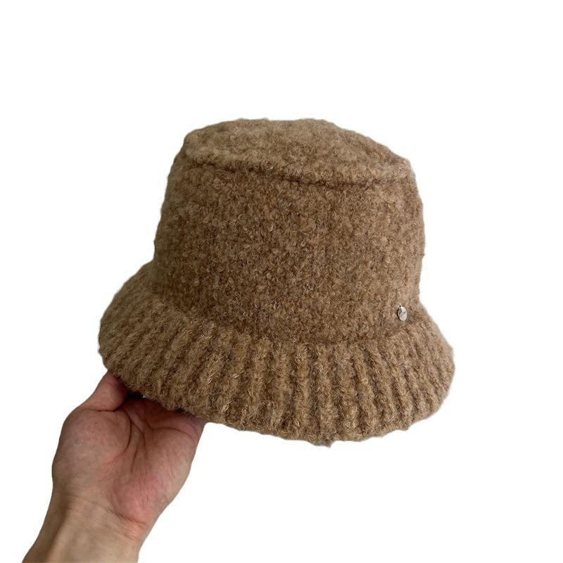 Lamb wool bucket hat women's autumn and winter new big head circumference warm plush basin hat versatile plain face small bucket hat