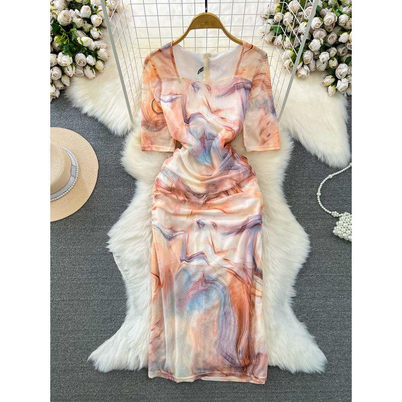 

Accessible Luxury Socialite Square Collar Oil Painting Print Dress Short Sleeve Orange All yards